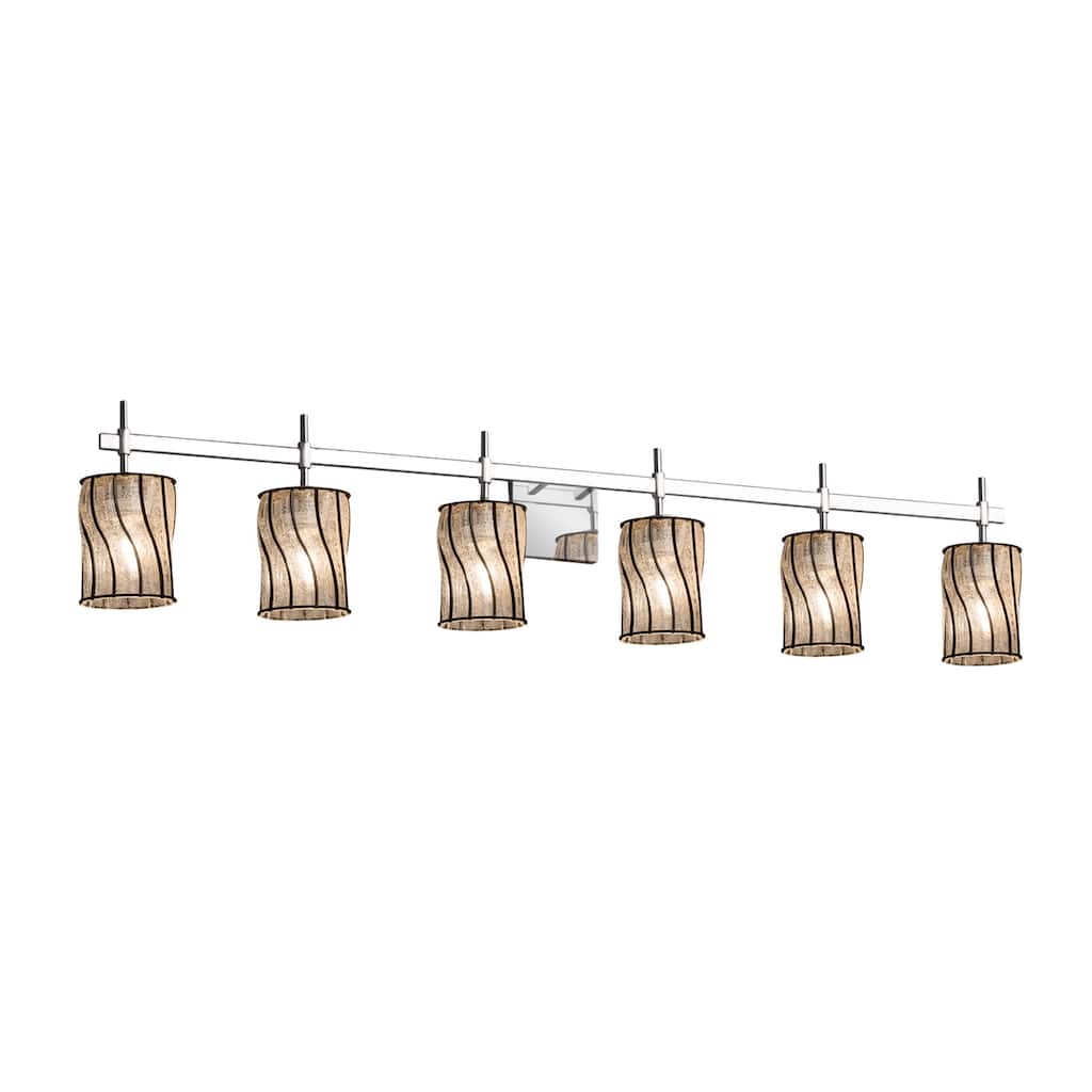 Justice Design Wire Glass Union 6-light Polished Chrome Bath Bar, Swirl with Clear Bubbles Cylinder w/ Flat Rim Shade