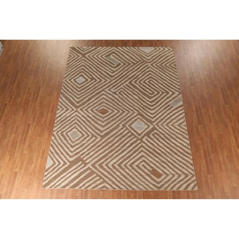 Geometric Modern Area Rug Hand-Knotted Oriental Wool Carpet - 8'11" x 11'8"