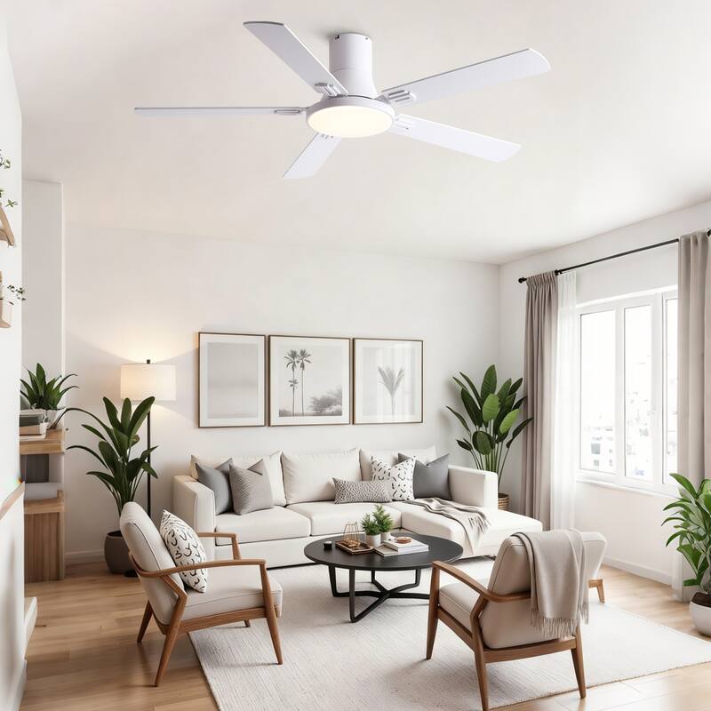 Sofucor 52 Inch Low Profile Flush Mount 5 Blades Ceiling Fan with Dimmable Light and Remote Control - 52 Inches