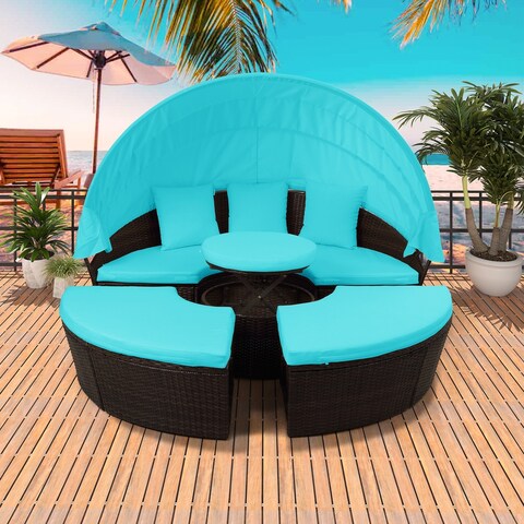 Round Outdoor Sectional Sofa Set Rattan Daybed Sunbed