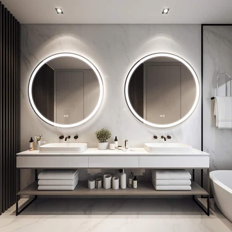 Circular LED Anti-Fog Mirror for Bathroom, Three-Color Lighting Adjustable