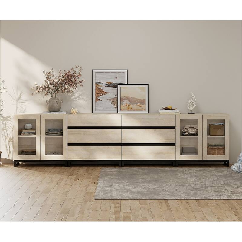 4 in 1 Multifunctional Dresser with Glass Doors & 6 Drawers, Adjustable Shelf Metal Base Storage Solution for Bedroom Closet - Beige - 6-drawer