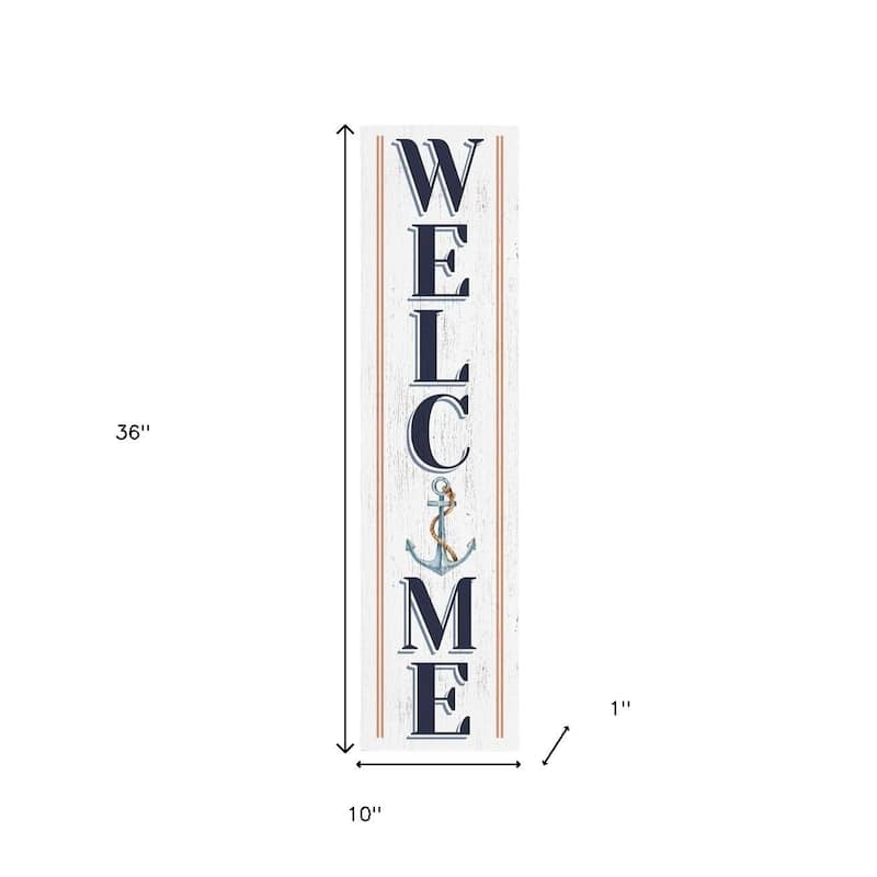 HomeRoots 36" White And Blue Solid Wood Welcome Anchor Porch Sign