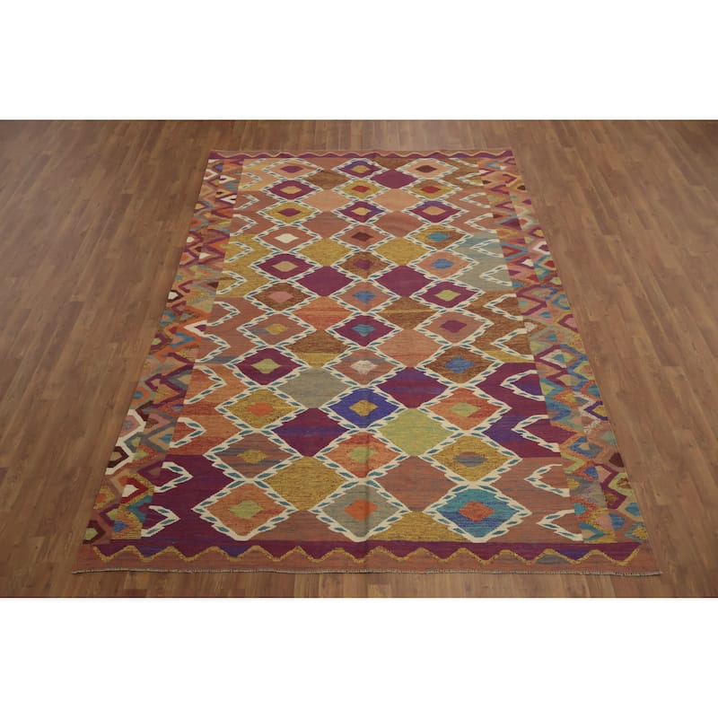 Hand Woven Oriental 100% Wool Carpet Southwestern Tribal Multi-Colored Kilim Area Rug - 9' 8'' X 6' 7''