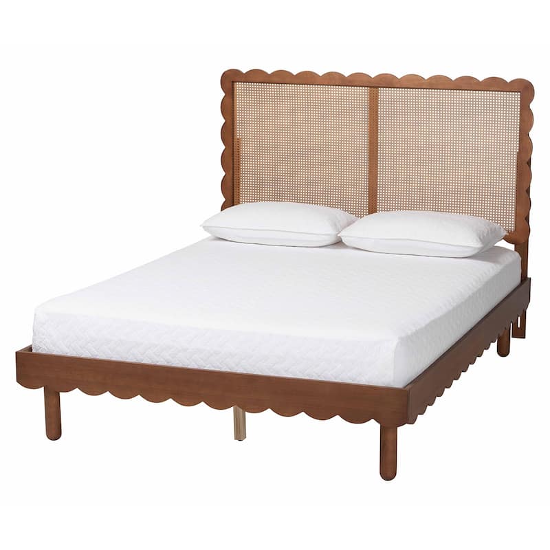 Orianthe Scalloped Platform Bed with Woven Rattan Headboard - Solid Wood Bed Frame with Curved Edge Design, Queen Size - Queen
