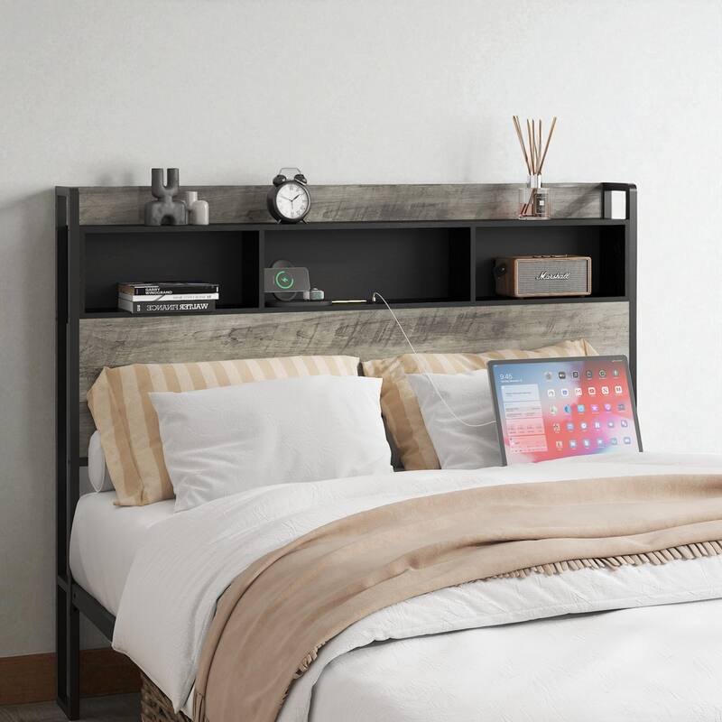 Twin/Full Size Bed Frame with Headboard Storage and Built-In Charging Station, Sturdy Wood & Metal Design