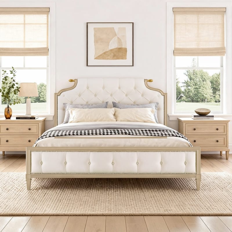 Spruce & Spring Classic American Tufted Upholstered Platform Bed with Birch Wood Frame in Champagne Silver - King - White