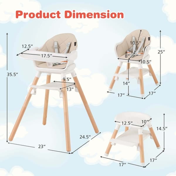 dimension image slide 1 of 4, Costway 6-in-1 Convertible Wooden Baby Highchair Infant Feeding Chair - See Details