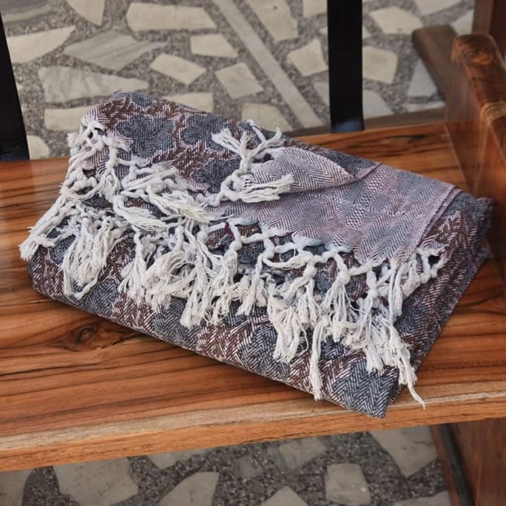 Fabdivine Premium Pushp Samitha Handcrafed Cotton Throw Blanket - Artisan Block Print Decorative Throw with Fringe, 90"x54"