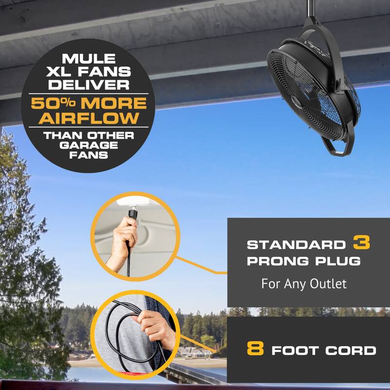 18" Mule Matte Black Outdoor Wet-Rated Dual-Mount Garage Fan, 3-Speed AC Motor - 20 Inches