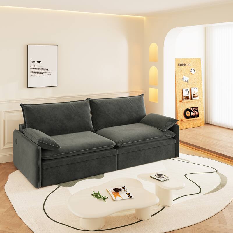 Modern Convertible Sofa Bed, Chenille Fabric Couch with Pull-Out Sleeper Bed, Living Room Loveseat with USB Port, Hidden Storage