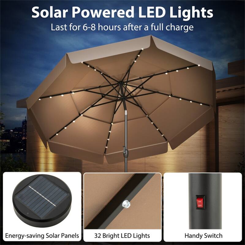 Outdoor 10 ft Umbrella with 3-Tier Venting Solar LED Lights Tilt and Crank for Poolside or Garden