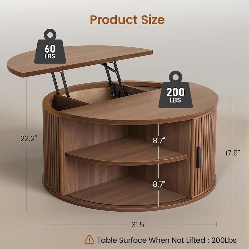 Round Lift Top Coffee Table 180 Grad Curved Sliding Door Living Room