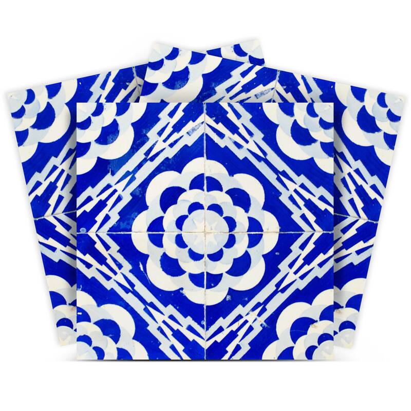 HomeRoots 4" X 4" Blue And White Gerbera Peel And Stick Removable Tiles