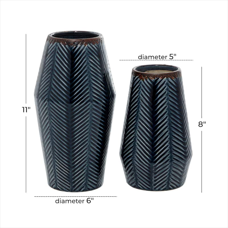 Ceramic Handmade Chevron Vase - Set of 2 Dark Blue - Roche River Decor - 6"W x 6"L x 11"H