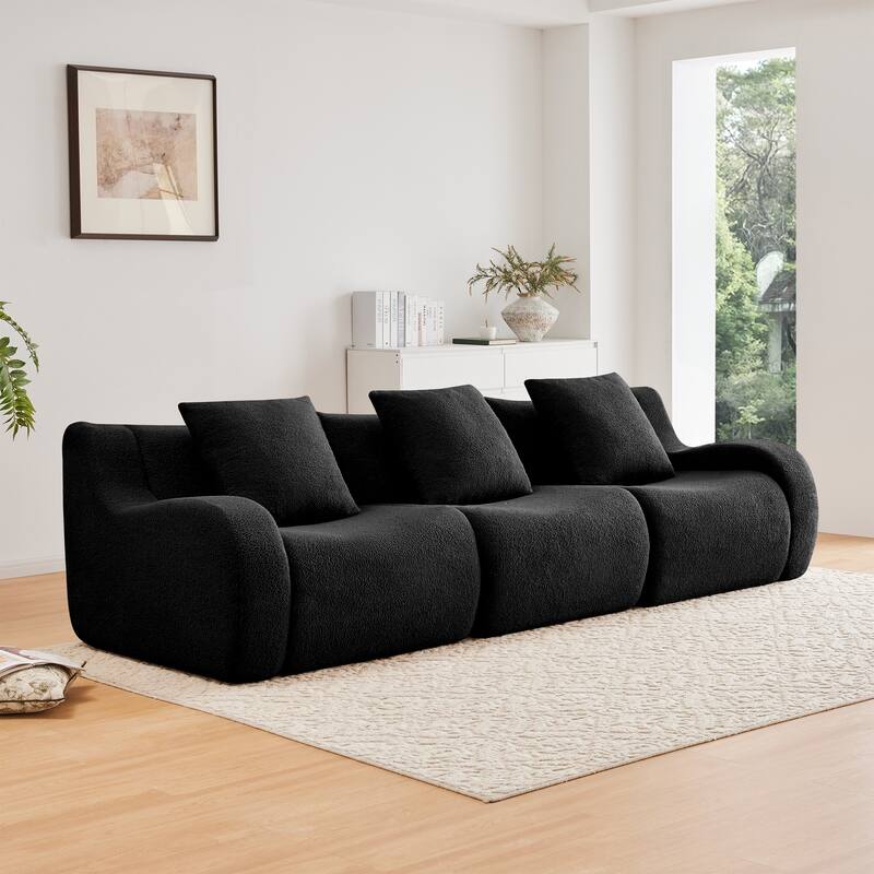 Boneless Sofa, 3 Seat High-Quality Teddy Fabric,Anti-Slip Design, No Assembly Curved Armrests Streamlined - Black
