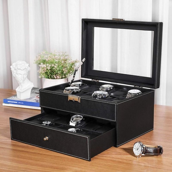 20 Slot 2 Tiers Watch Box Lockable Organizer Display Case with Glass Top. Opens flyout.