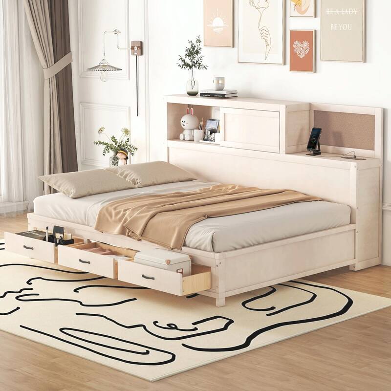 Wooden Daybed with Storage Drawers, Soft Board, Shelf, Sockets, USB Ports