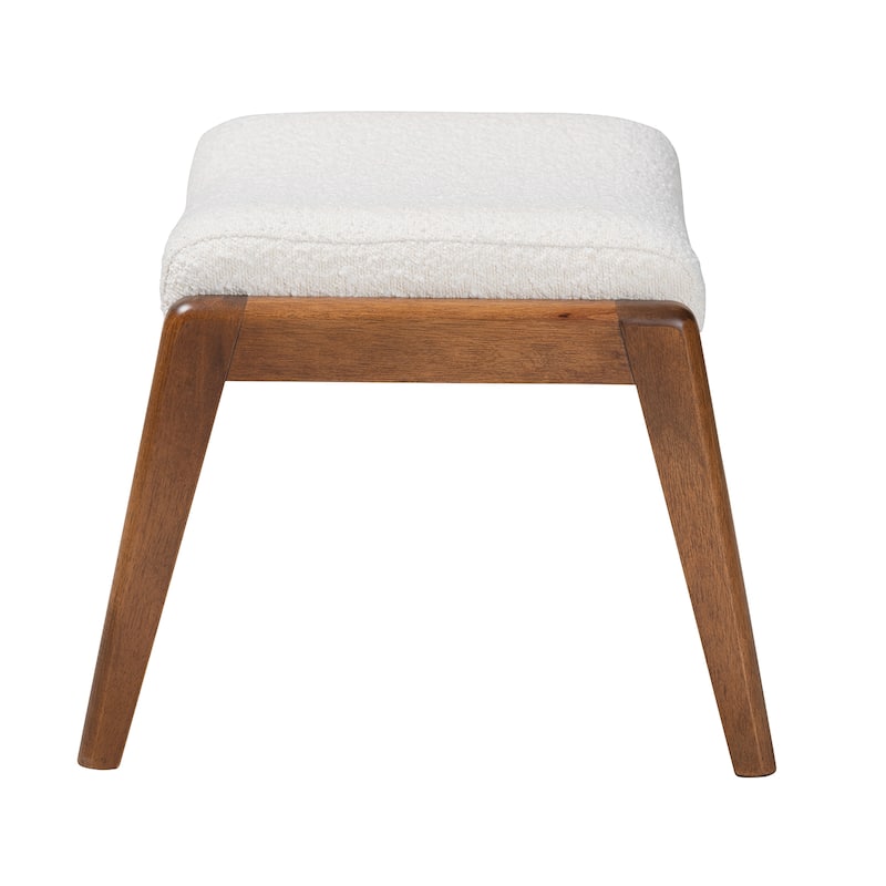 Roxy Mid-Century Modern Off-White Boucle Upholstered and Walnut Brown Finished Wood Ottoman Footstool