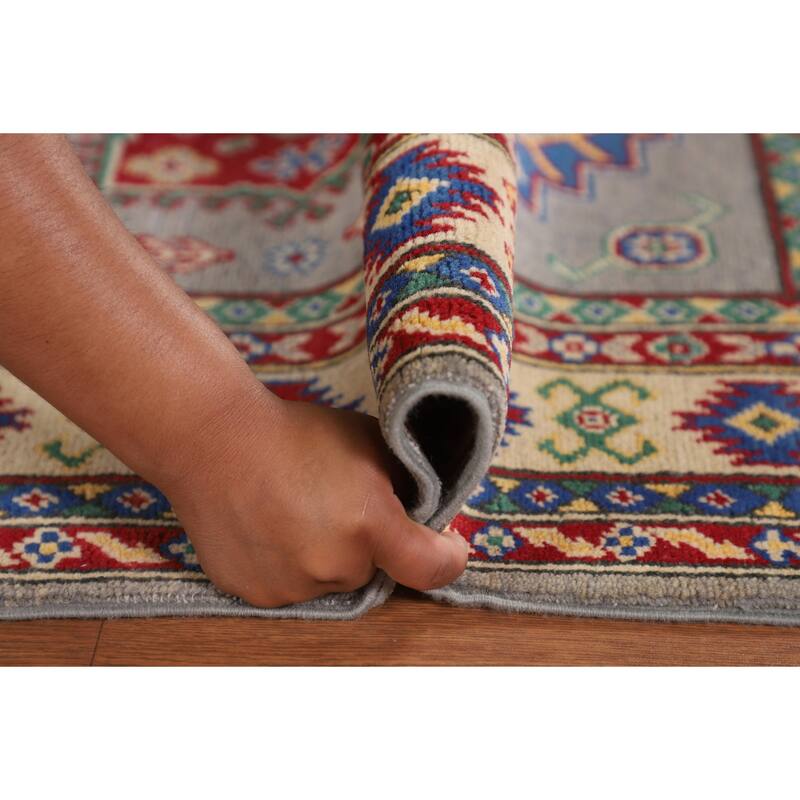 Gray Geometric Kazak Accent Rug Hand-Knotted Wool Carpet - 3'4" x 4'11"