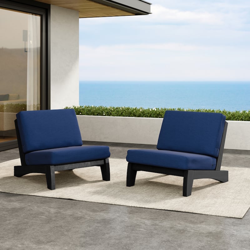 Outdoor Furniture Teak Wood Armless Loveseat Sofa With Cushion - 2 Chairs - Navy/Black