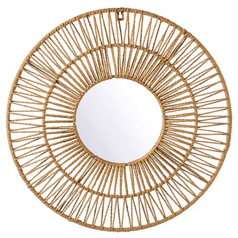 Decorative Woven Paper Rope Round Shape Bamboo Wood Modern Hanging Wall Mirror