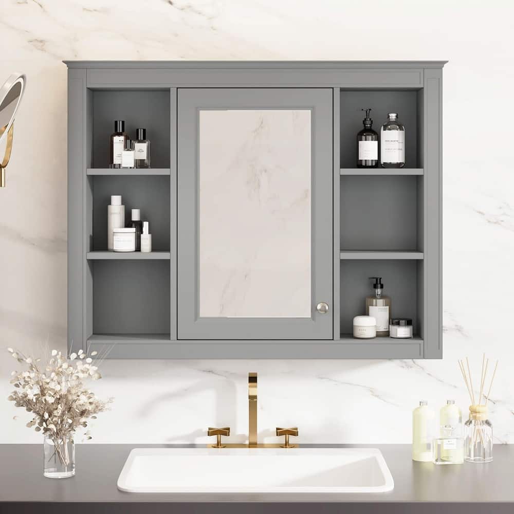 Modern Wall-Mounted Bathroom Storage Cabinet with Mirror - Includes 6 Open Shelves