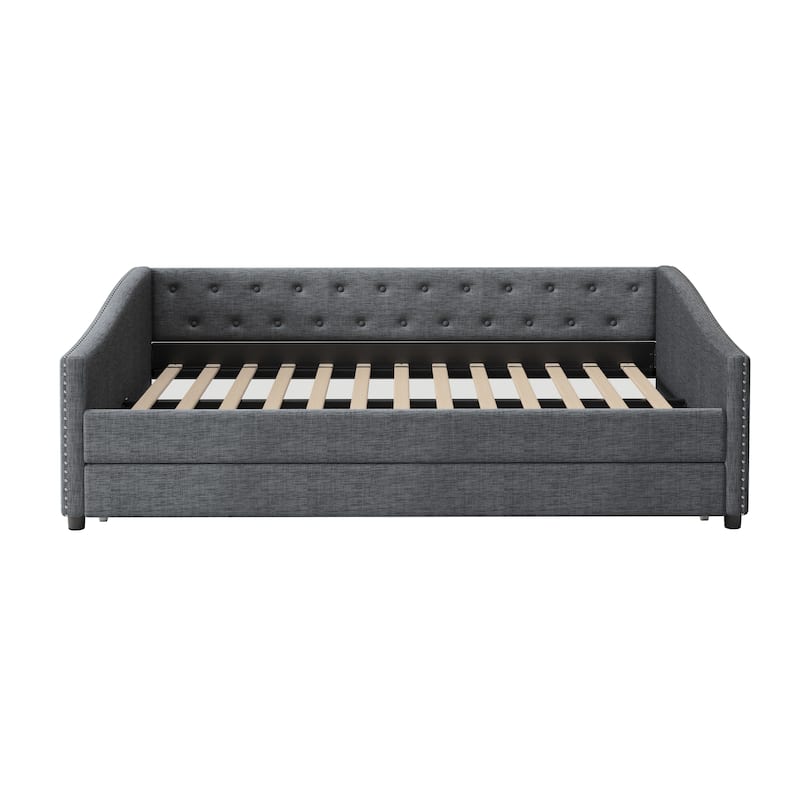 Dark Grey Full Size Tufted Daybed with Copper Nails on Waved Arms