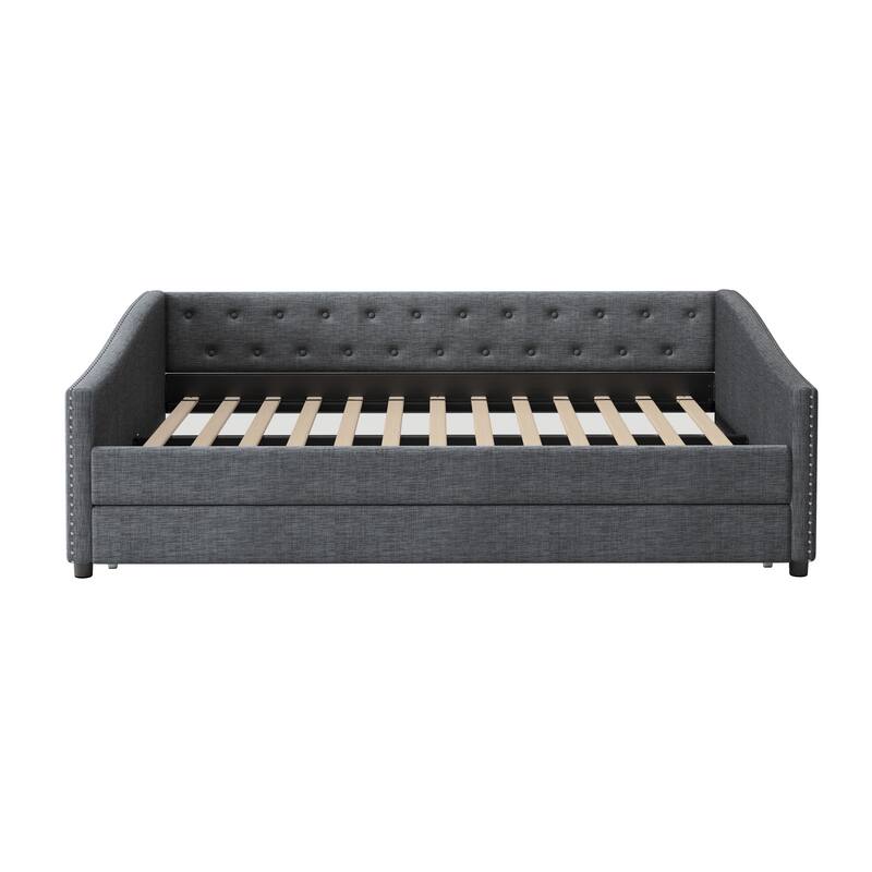 Linen Tufted Daybed with Trundle, Upholstered Platform Sofa Bed Frame, Wooden Slat Support