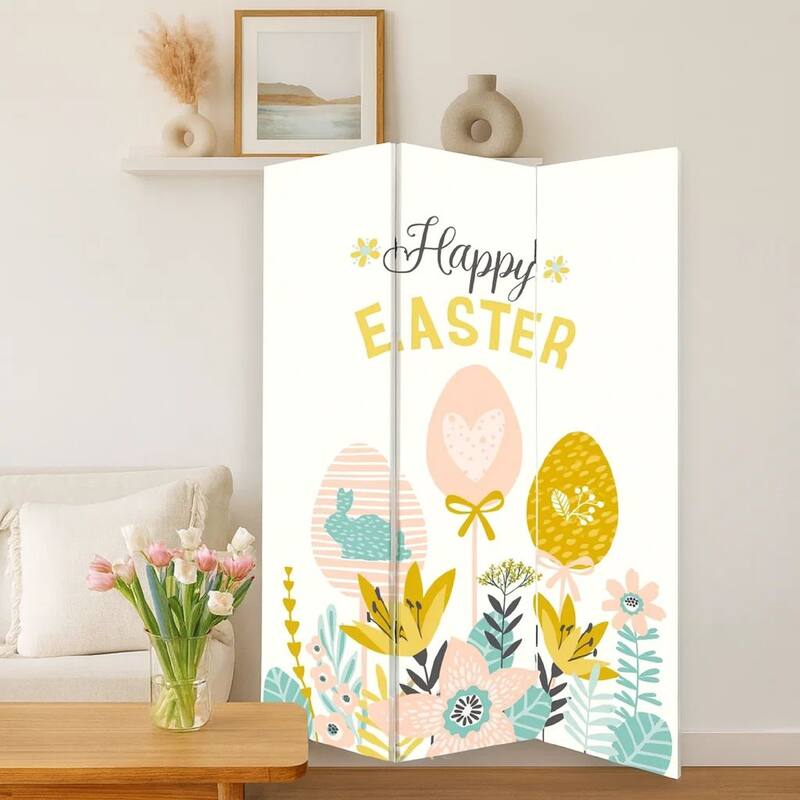 72 Inch 3 Panel Canvas Room Divider with Easter Print,Multicolor