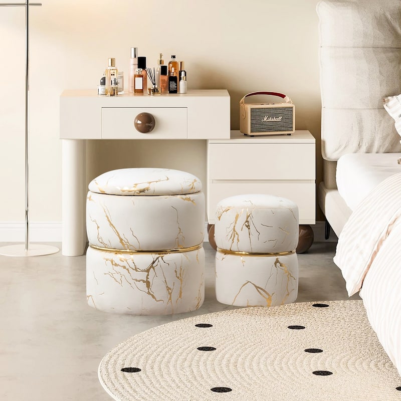 Round Ottoman Set of 2 with Storage,Sherpa Vanity Stool,Multifunctional Ottomans with Removable Lid, Foot Rest - Beige
