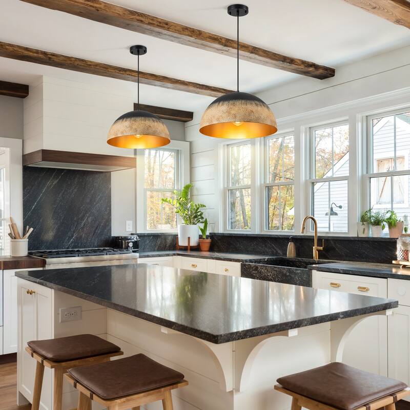 Industrial Black and Sandy Mud Finish Dome Pendant Light Fixtures Kitchen Island - W15.75"