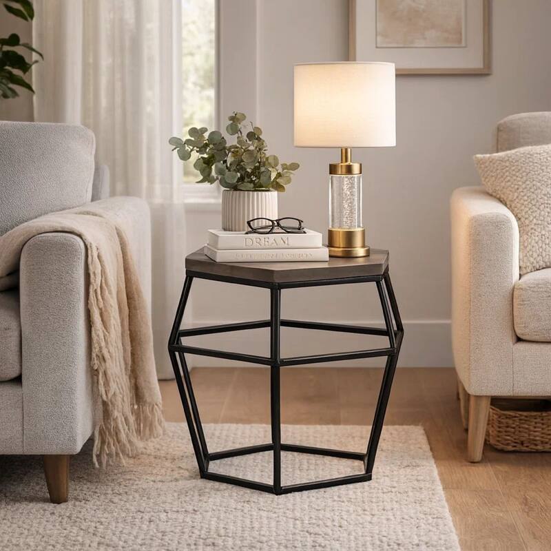 Hexagonal Concrete End Table with Metal Base, Gray and Black