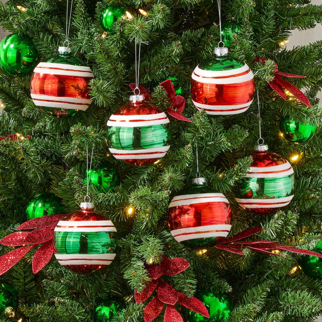 4" Retro Glass Stripe Ball Ornament Set of 6