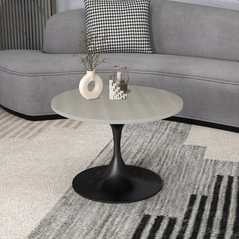 Verve Modern Round Accent Coffee Table with Solid Wood Top and Black Steel Pedestal Base for Living & Bedroom
