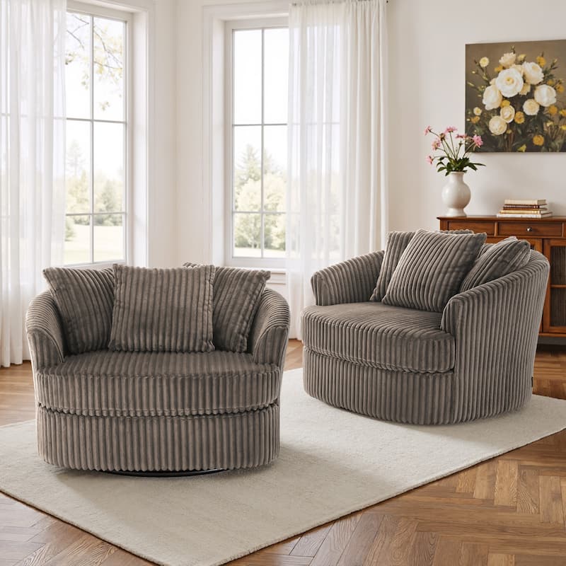 2 Set Oversized 43" W Plush Corduroy Swivel Barrel Chair with Pillows - Dark Camel