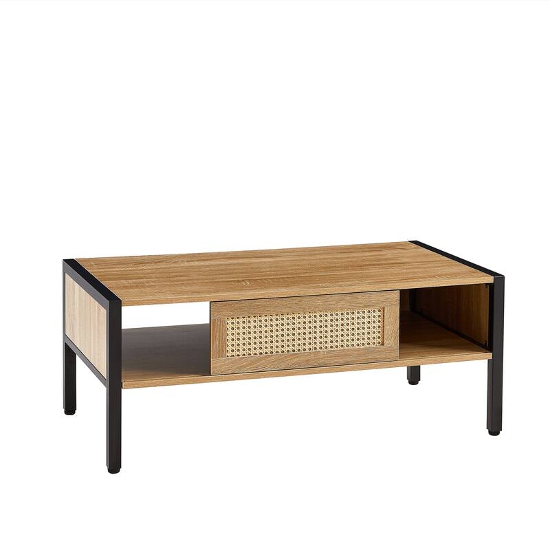 Rattan Coffee Table Modern Living Room Table with Sliding Rattan Door Panel Solid Wood Legs, for Living Room