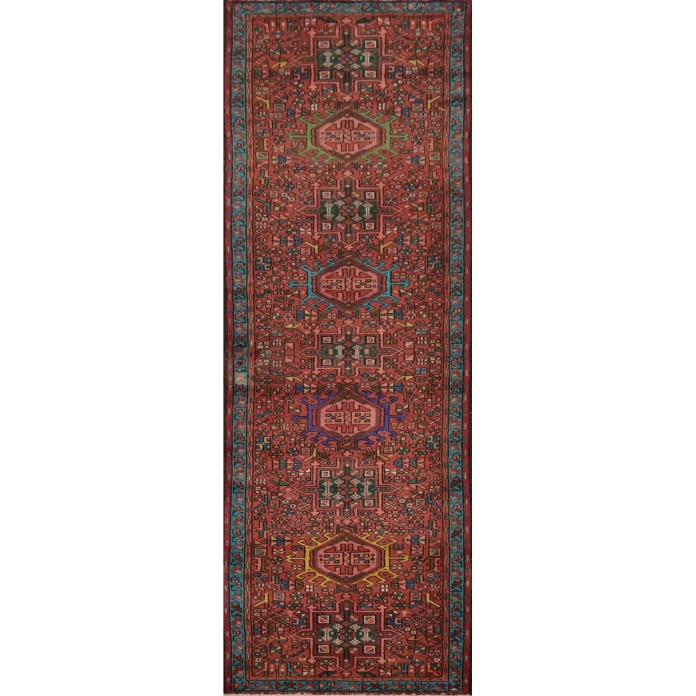 Hand Knotted Oriental 100% Wool Carpet Traditional Tribal Oranges & Rust Gharajeh Runner Rug - 9' 4'' X 2' 7''
