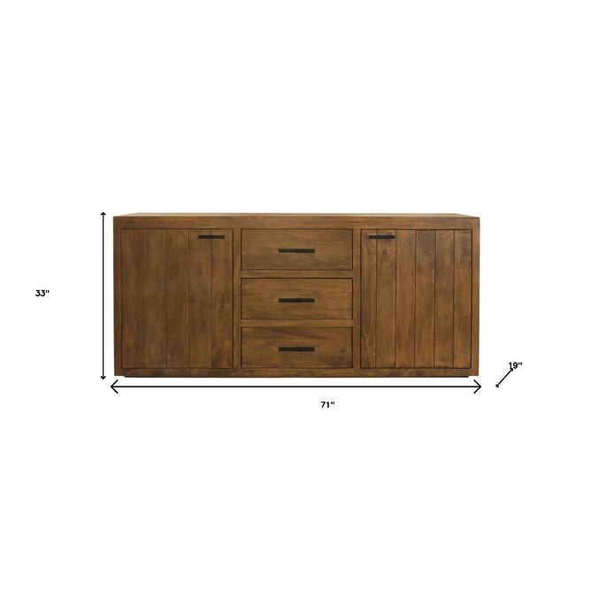 HomeRoots 71" Chestnut Distressed Solid Wood Three Drawer Sideboard with Two Doors - 71.00 in. x 33.00 in. x 19.00 in.