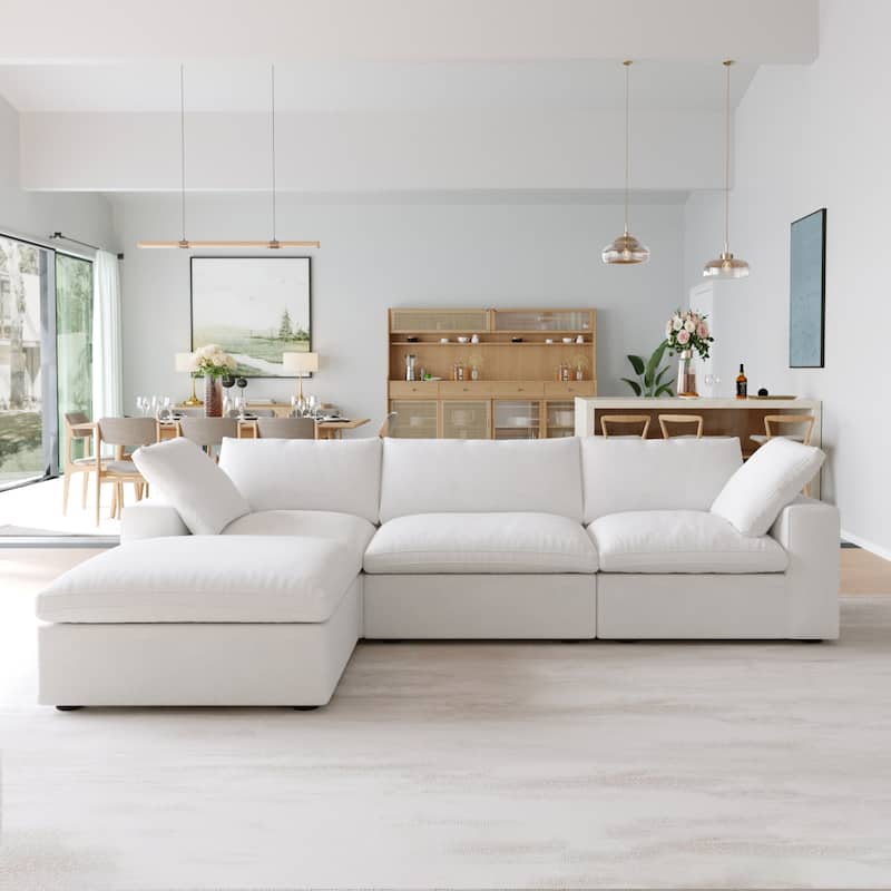 L-shape Linen Upholstered Sectional Sofa Couch - White