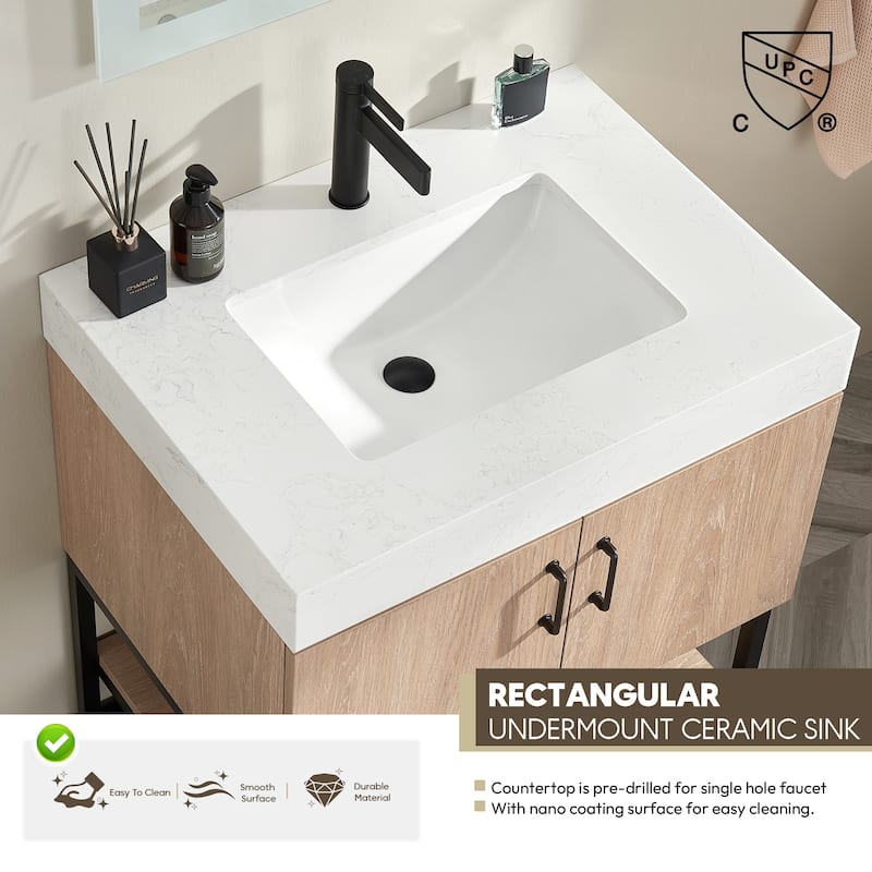 Alistair Single Bath Vanity with White Grain Stone Top & Mirror