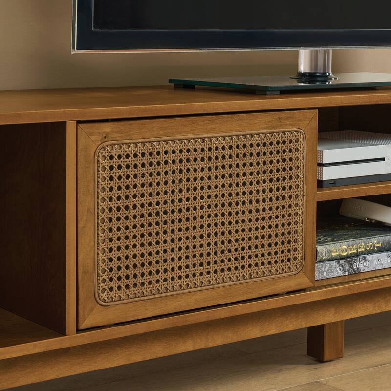 Charming Mid Century Rattan TV Stand with Solid Wood Feet and Versatile Storage