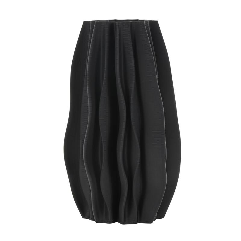 Ceramic Abstract Dimensional Wavy Ribbed Decorative Vase with Floral Shaped Rim - Black - Roche River Decor
