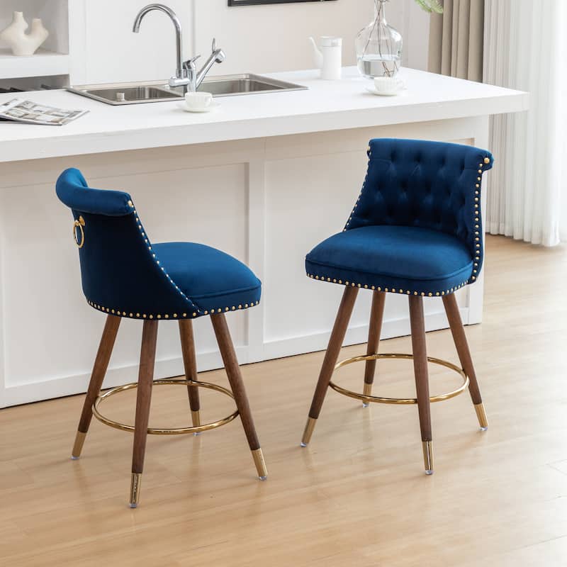 Set of 2 Button-Tufted Counter Stools with Nailhead Trim