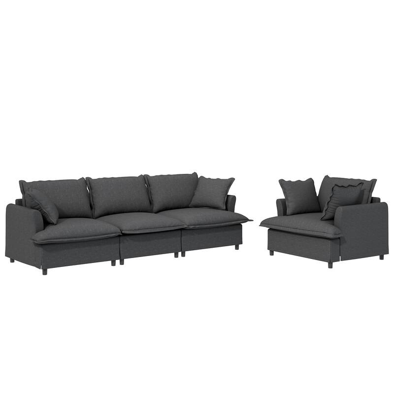 2-Piece Chenille Modular Sofa Set (3+Armchair) with Skirt Edge & Spring Cushions