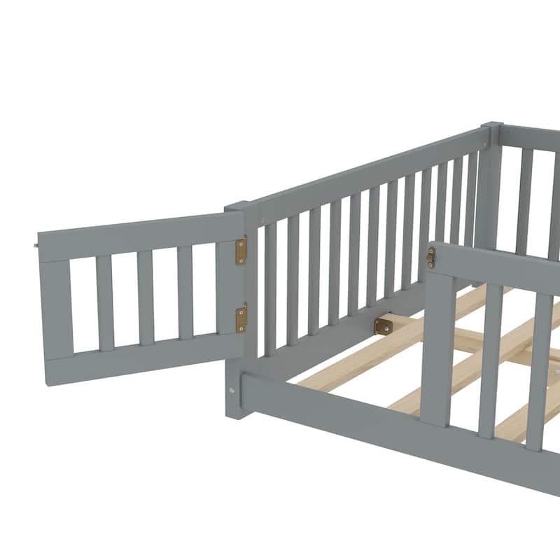 Montessori Toddler Floor Bed with Fence and Switchable Door, Low Profile Bed Frame with Removable Slats, Safe Transition Bed