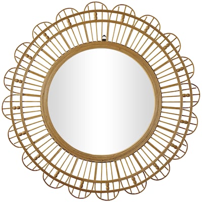 Bamboo Wood Floral Handmade Woven Wall Mirror with Beaded Accents - Brown - Roche River Decor