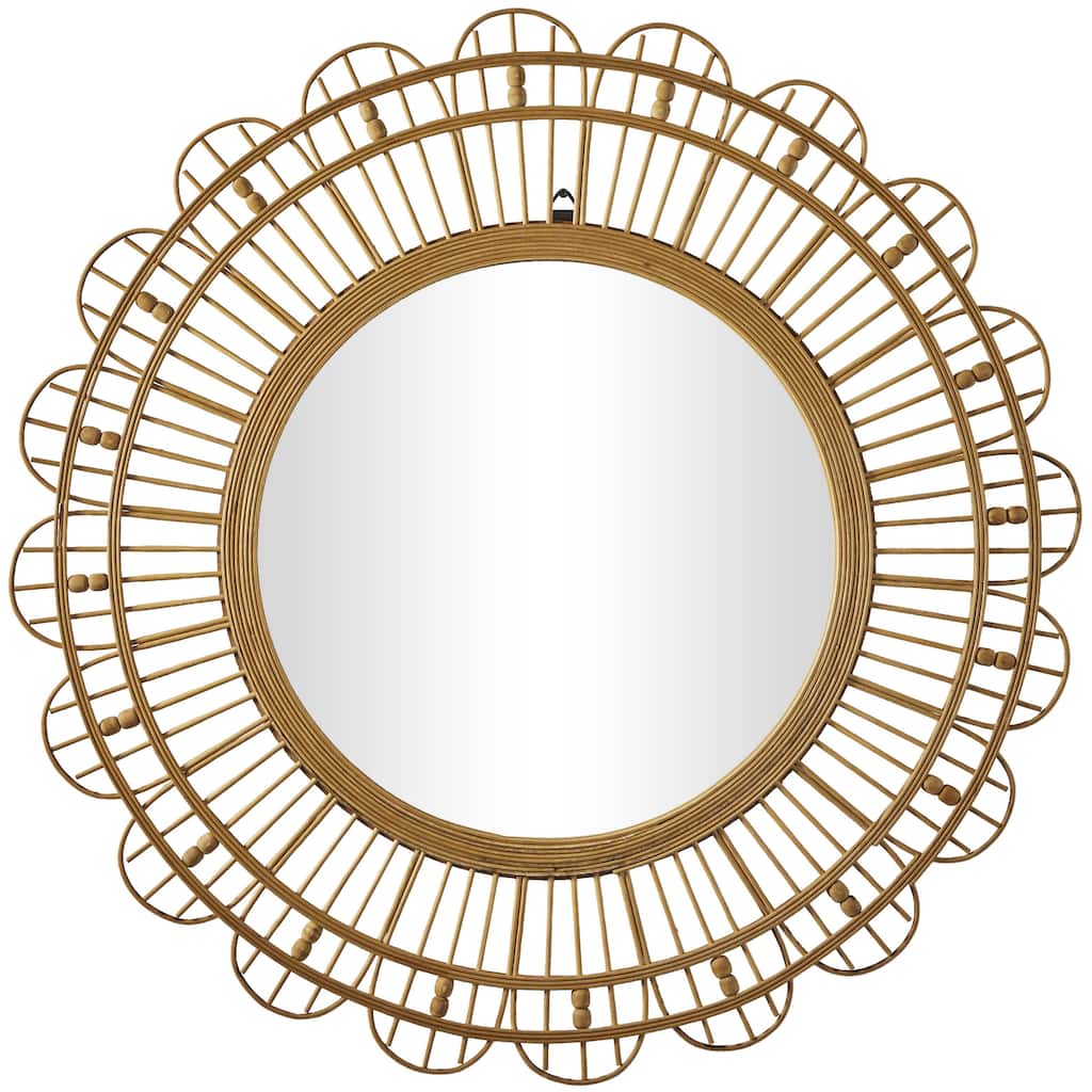 Bamboo Wood Floral Handmade Woven Wall Mirror with Beaded Accents - Brown - Roche River Decor