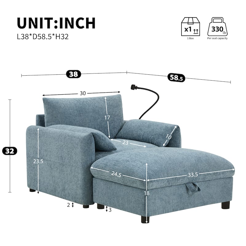 Single Sofa Chair and Storage Ottoman Sets, Chenille Accent Chair Wide Seat Chaise Lounge Couch with Phone Holder & USB Chargers