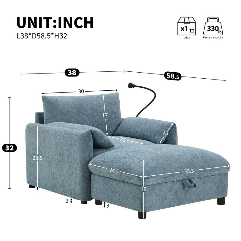 Single Sofa with Storage Ottoman, Lounge Chair with Phone Holder, USB Charger & Side Pockets, Comfy Chenille Reading Armchair - Blue